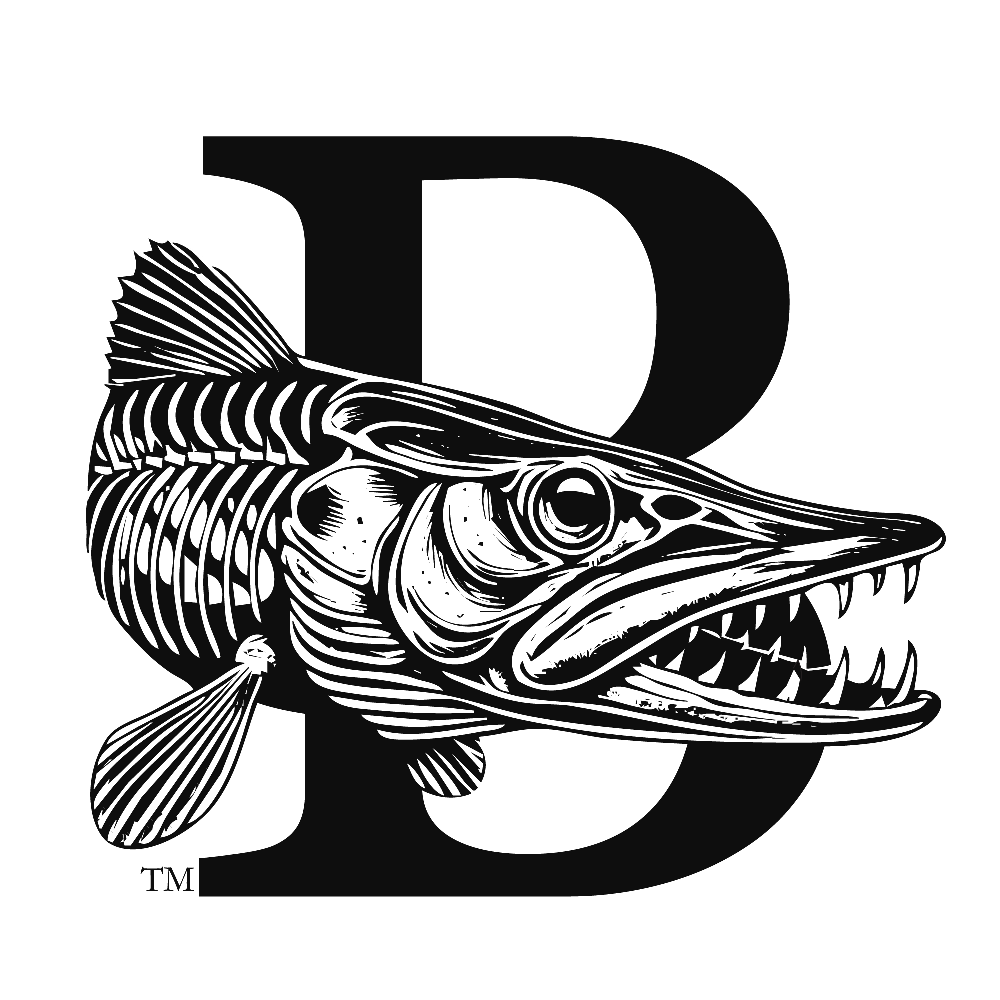 capital letter B with a skeletal pike fish